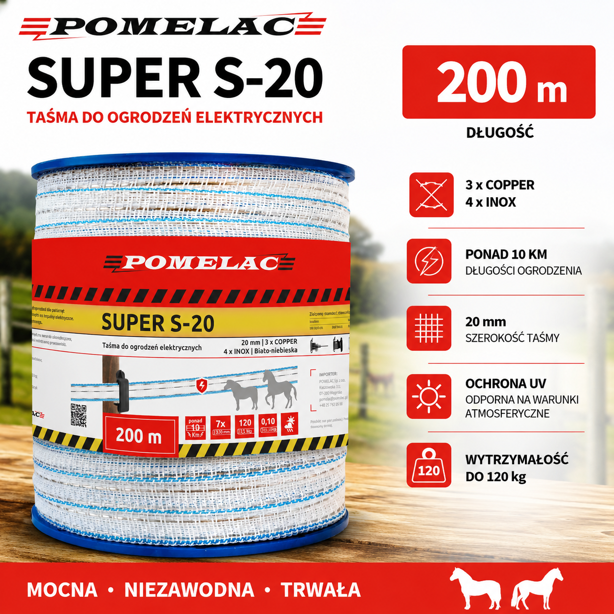 Taśma Pomelac do ogrodzeń elektrycznych Super S20 / 200 m