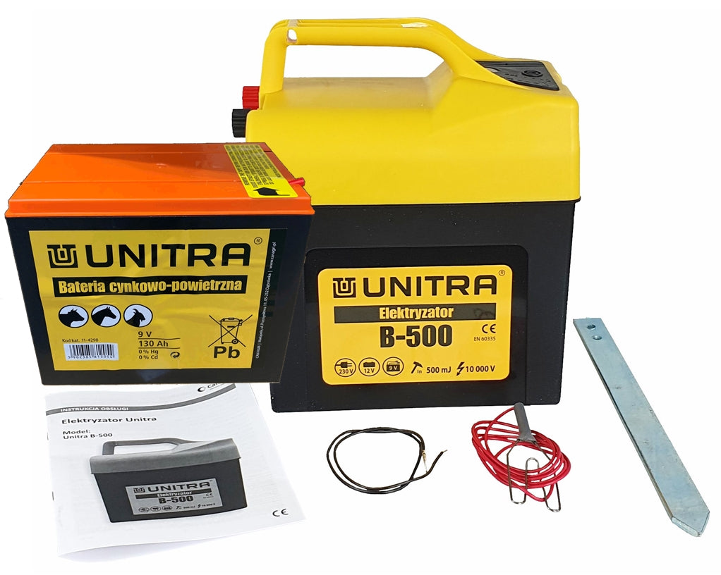 Zestaw do ogrodzeń elektrycznych dla koni Unitra B500 + Bateria 130Ah