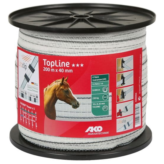 Taśma ogrodzeniowa TOP LINE Tricond 200m x 40mm  biało-czarna AKO - Cavalo