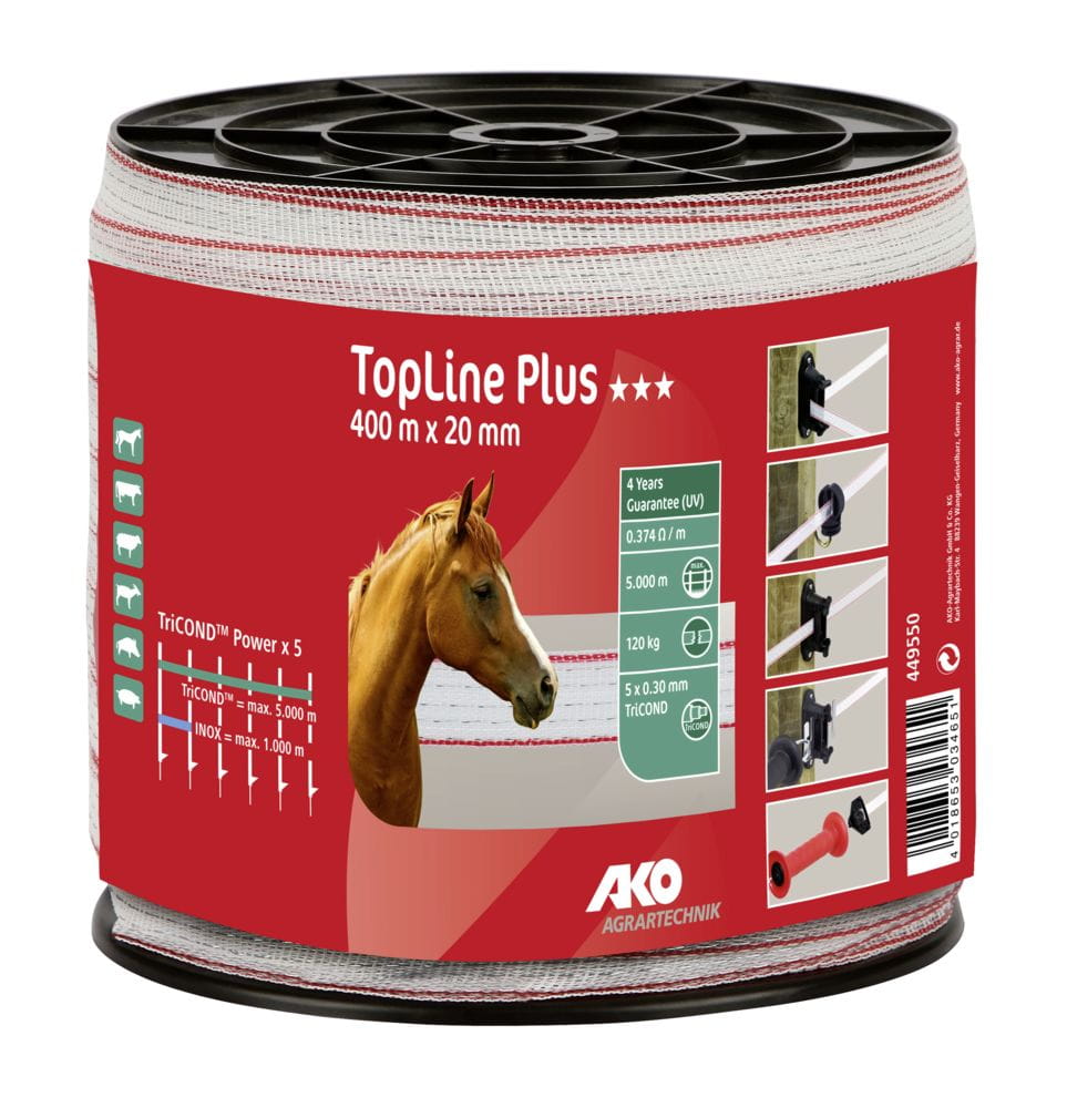 Taśma ogrodzeniowa TOP LINE Tricond 400m x 20mm biało-czerwona AKO - Cavalo
