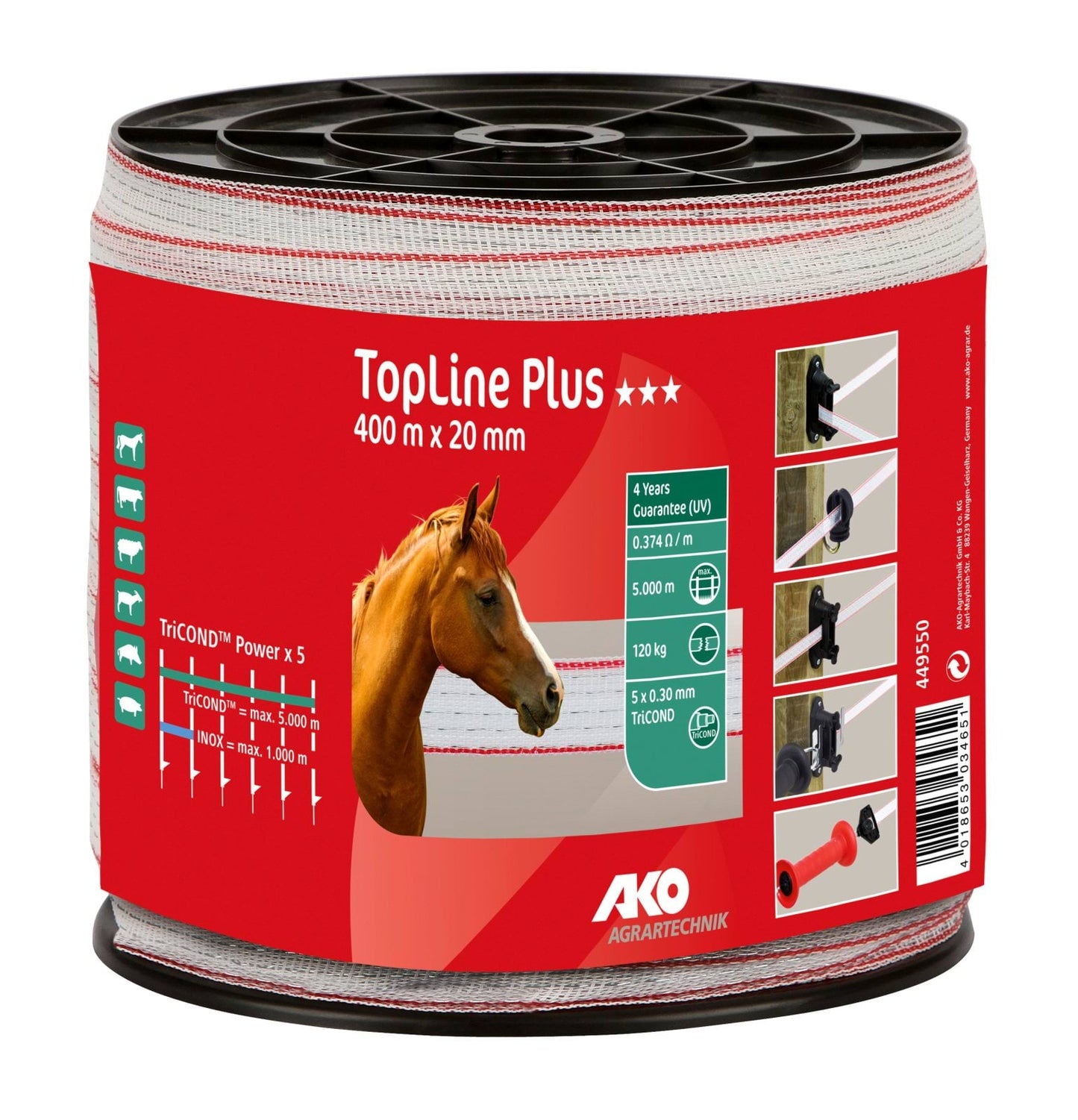 Taśma ogrodzeniowa TOP LINE Tricond 400m x 20mm biało-czerwona AKO - Cavalo