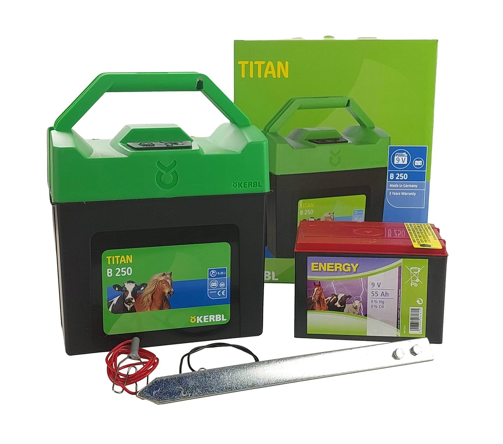Elektryzator bateryjny TITAN B 250, 0,22 J + Bateria chlorkowa do elektryzatora, 9 V, 55 Ah, Kerbl - Cavalo