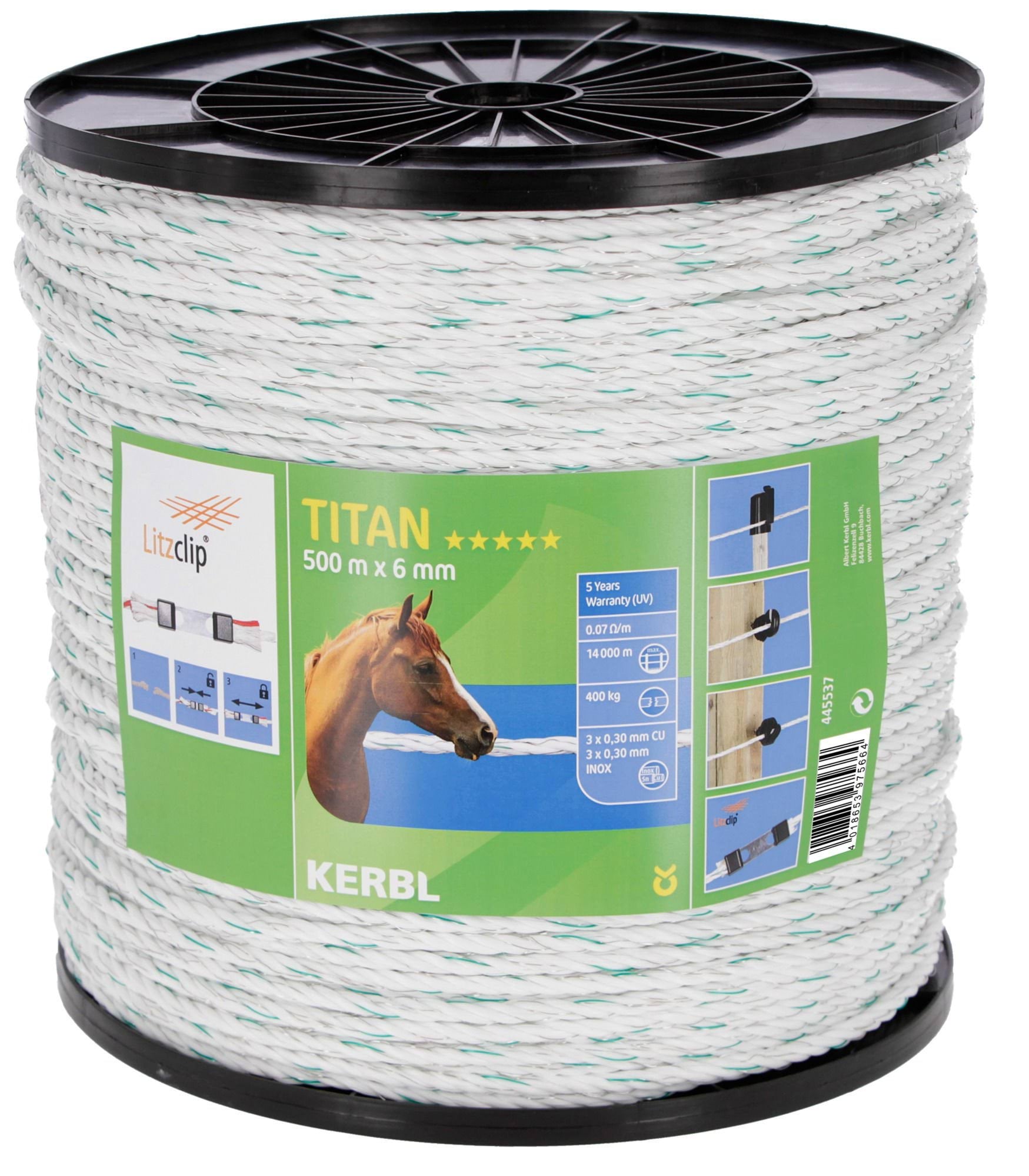 Linka ogrodzeniowa TITAN, 500 m x 6 mm, biało-zielona, Kerbl - Cavalo