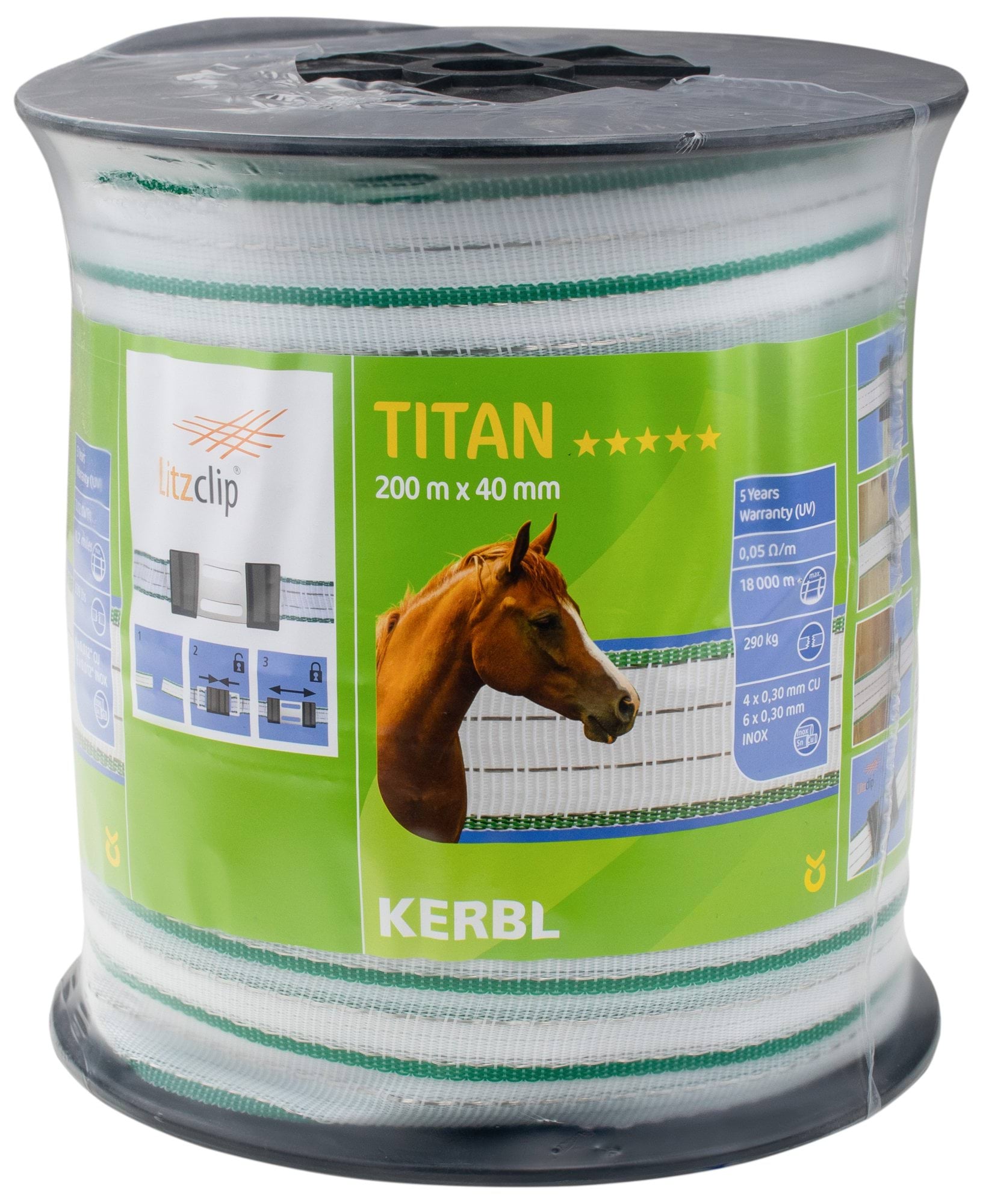 Taśma ogrodzeniowa TITAN, 200m x 40mm, biało-zielona, Kerbl - Cavalo