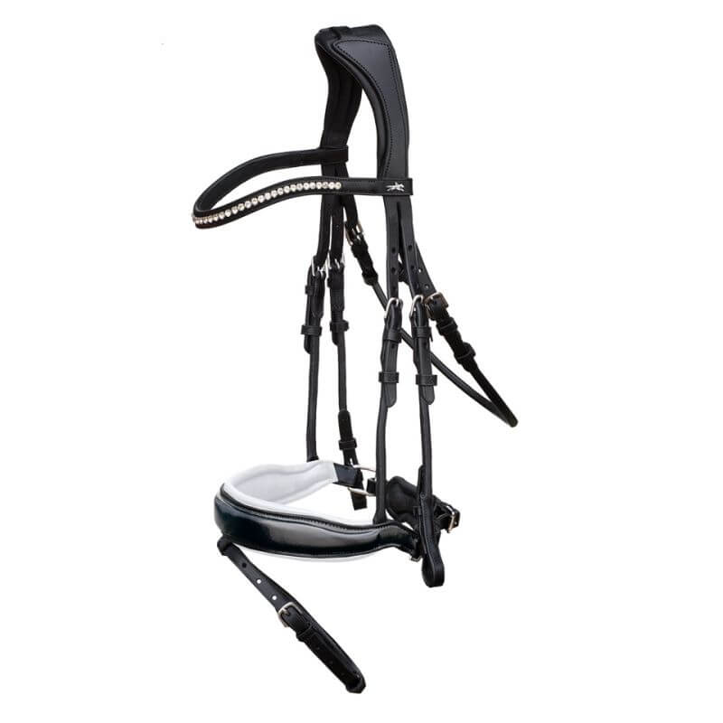 Ogłowie skórzane nachrapnikiem szwedzkim Schockemohle "Malibu" Black/Patent/White /Silver